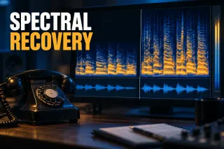 Rotary phone beside a monitor comparing a narrow phone-voice spectrogram with a fuller bandwidth-extended version, under a Spectral Recovery title