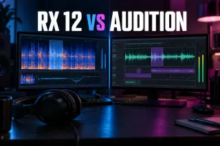 Two monitors under the headline RX 12 vs Audition, one showing a spectrogram repair view and the other a multitrack waveform session