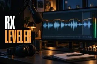 RX Leveler title over a studio monitor showing a dialogue waveform with an orange gain envelope riding loud and soft phrases, boom microphone and headphones on the desk