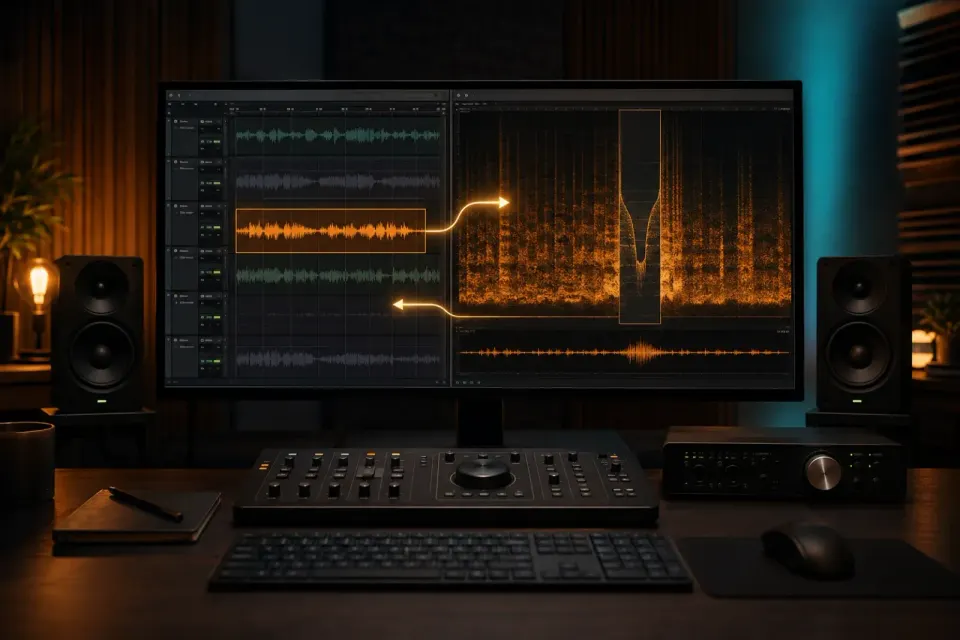 Dialogue clip moving from a multitrack timeline to a spectrogram repair editor and back