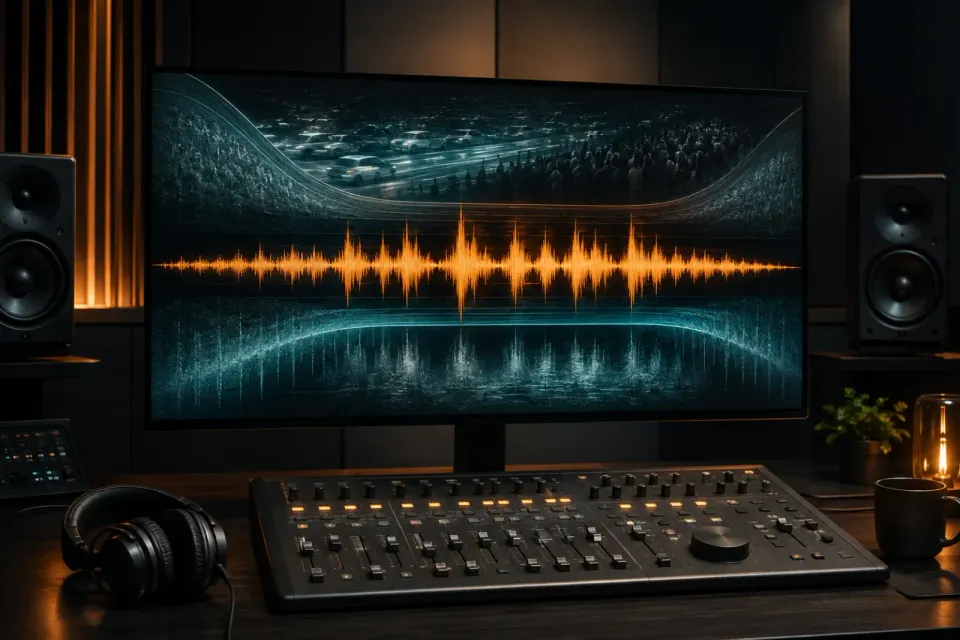 Speech waveform isolated from traffic, crowd noise and room reverberation