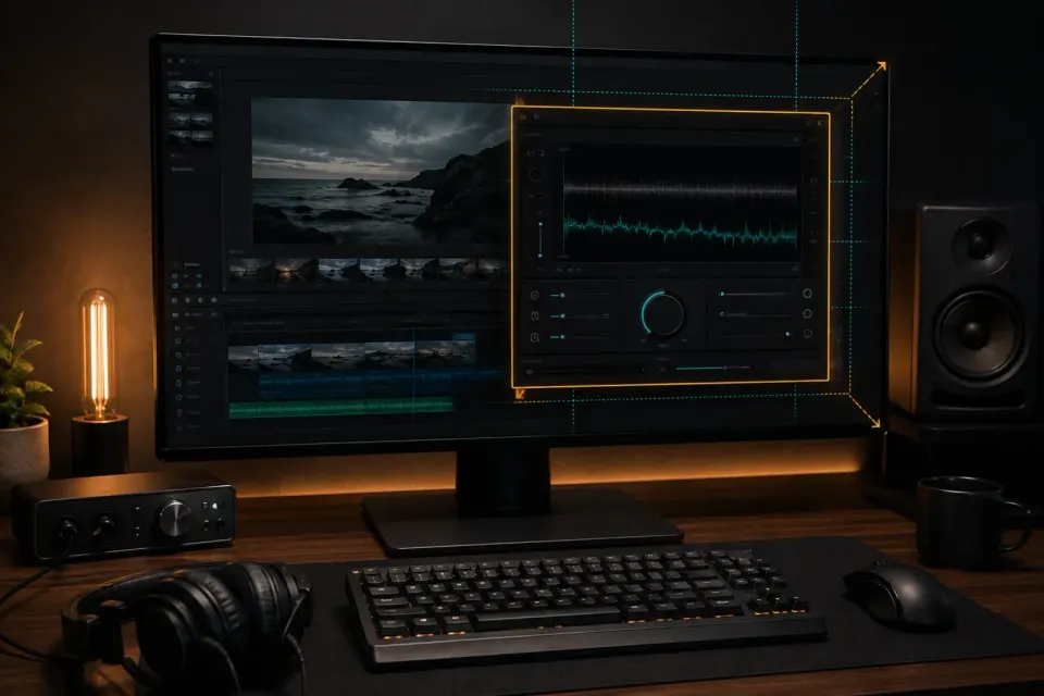 Cropped audio plug-in window expanding to reveal its full controls in an Adobe editing workspace