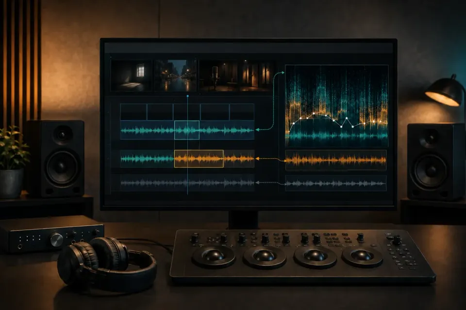 Premiere Pro timeline routed through plug-in and RX Audio Editor repair paths