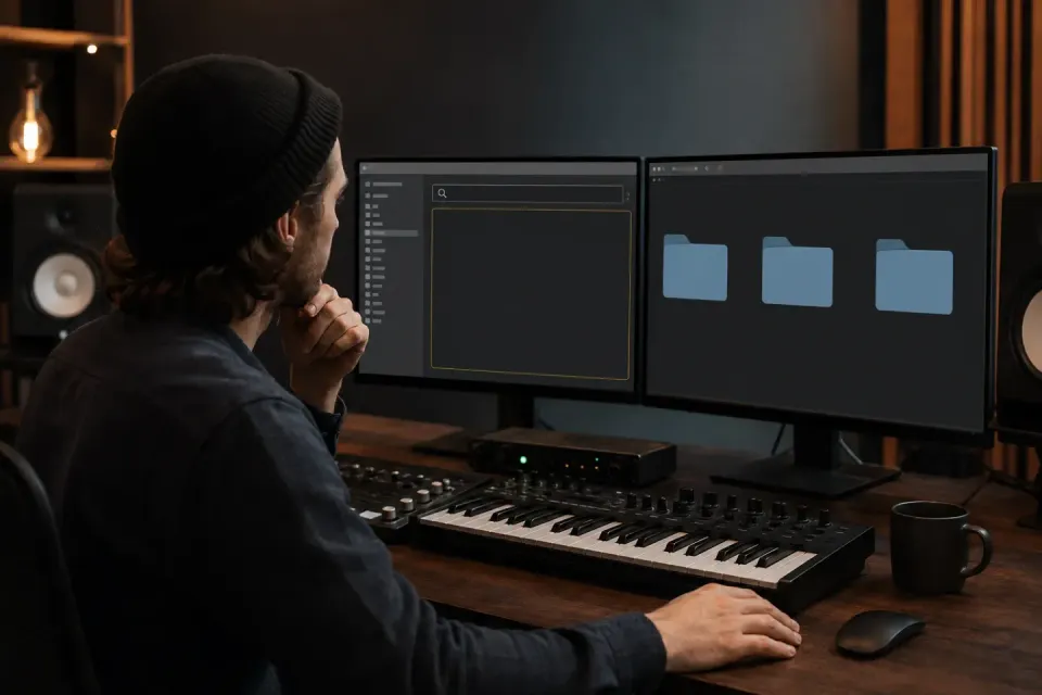 Producer comparing an empty DAW plugin list with installed audio component folders