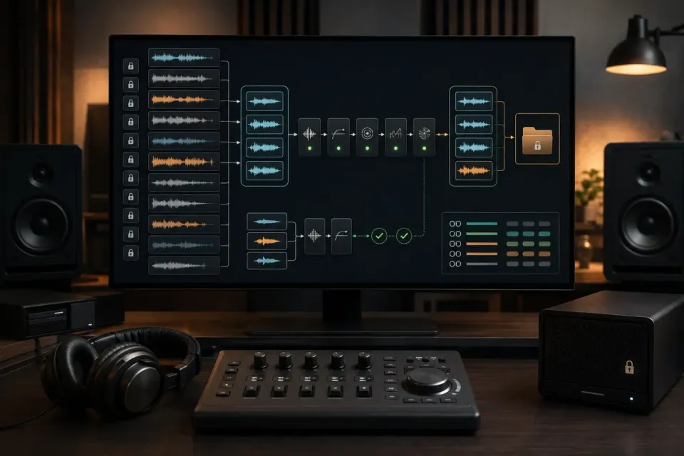 Audio files passing through a validated RX module chain into a protected output folder