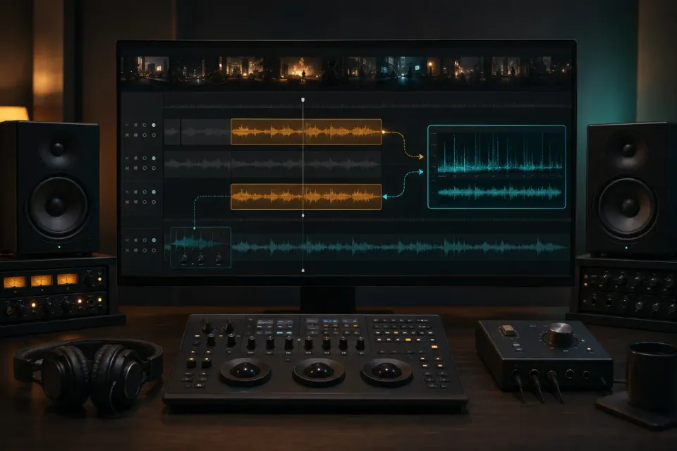 DaVinci Resolve Fairlight clip sent to RX spectral repair and returned in sync