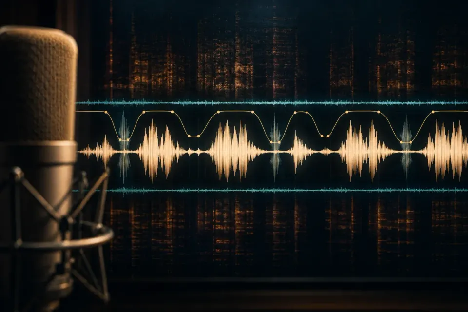 Vocal waveform with loud breaths gently reduced between phrases while natural room tone remains
