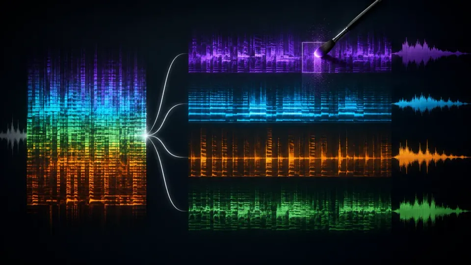 Mixed spectrogram separating into four audio stems with one local artifact selected for repair