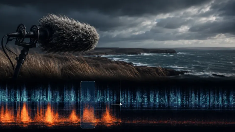 Shotgun microphone in coastal wind above a spectrogram with intermittent low-frequency gusts reduced