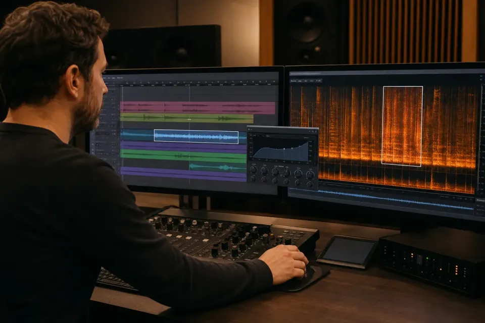 Post-production editor moving a selected clip between a DAW and spectral editor