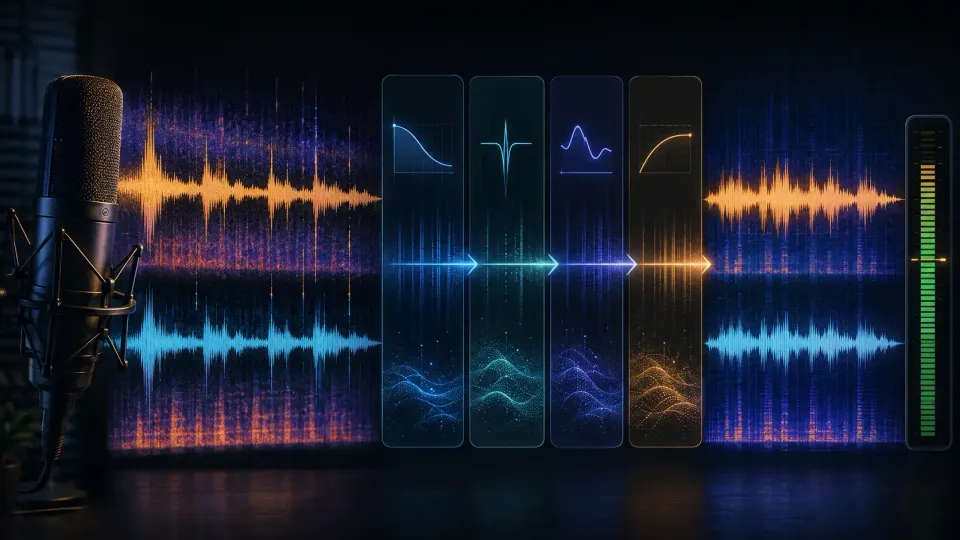 Podcast microphone and noisy speech waveform passing through staged audio cleanup to a controlled final level