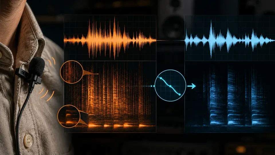 Lavalier microphone beside a noisy clothing-rustle waveform changing into a clean dialogue waveform