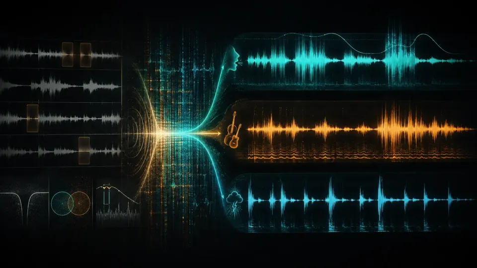 Audio spectrogram splitting into dialogue, music and effects stem lanes for the new RX 12 workflows