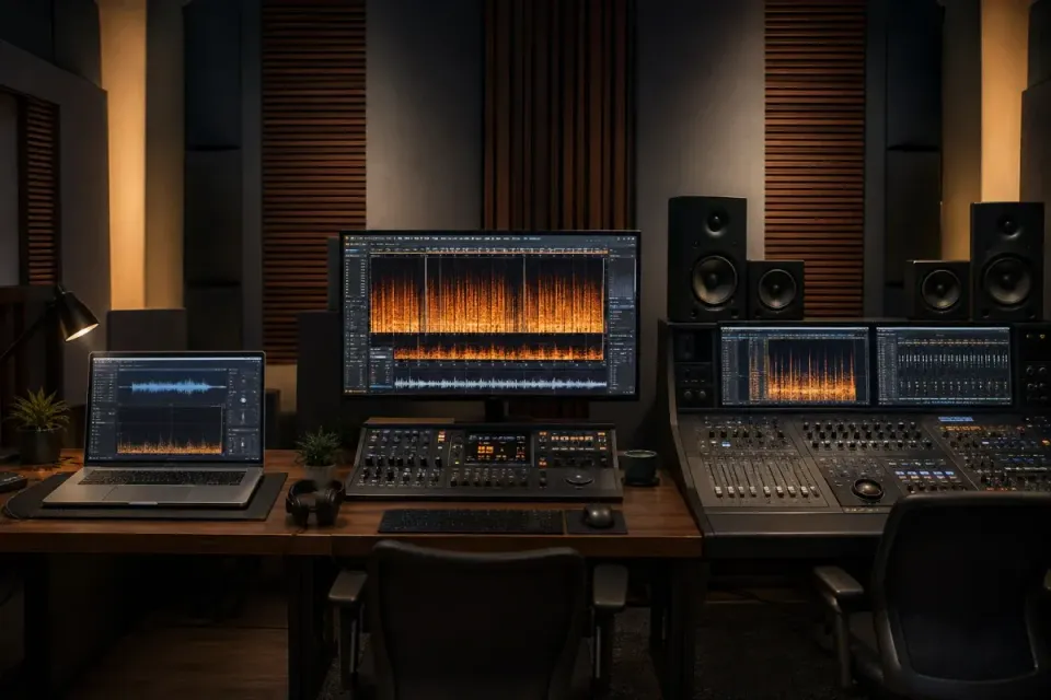 Three audio restoration workstations representing RX 12 Elements, Standard and Advanced editions