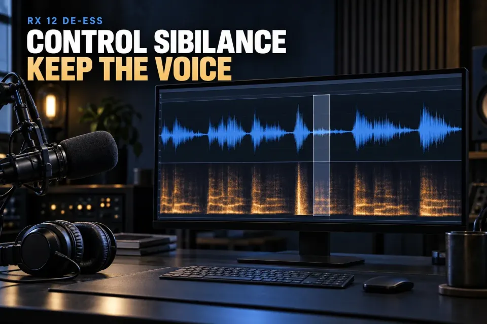 Monitor showing a spoken-word waveform and spectrogram with one sibilant highlighted, beside a microphone and headphones, under the words RX 12 De-ess: Control Sibilance, Keep the Voice