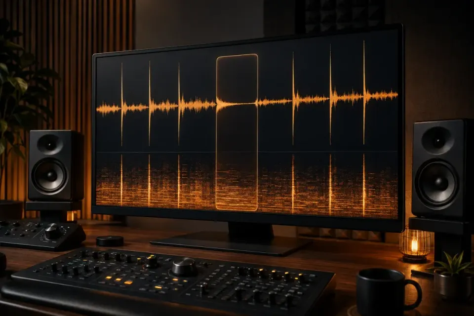 Audio waveform and spectrogram with narrow digital click spikes being reconstructed