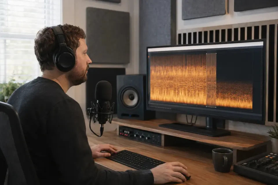 Podcast editor reducing a steady noise floor beneath speech in a spectrogram