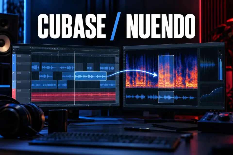 iZotope RX 12 workflow with a Cubase or Nuendo project and a linked spectral repair window for dialogue editing.