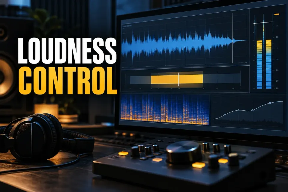 iZotope RX 12 Loudness Control workflow with LUFS target range, true-peak ceiling and final waveform metering.