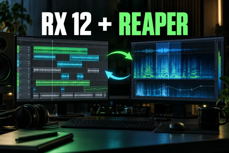 iZotope RX 12 and REAPER round-trip workflow with a multitrack timeline linked to a spectral repair editor.