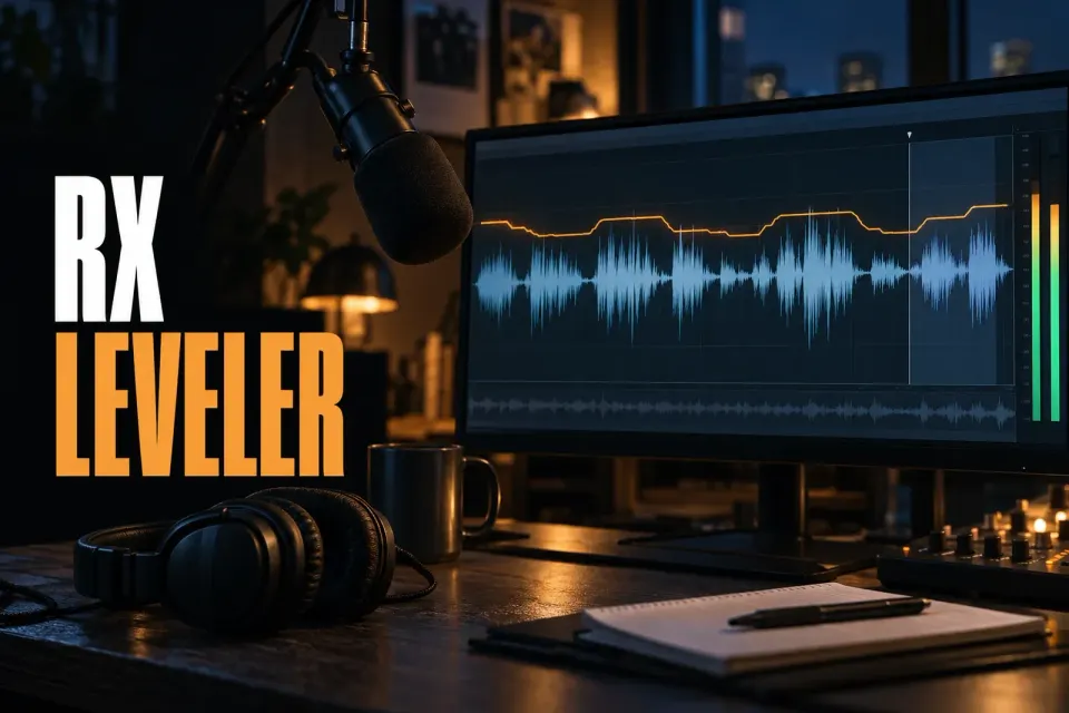 RX Leveler title over a studio monitor showing a dialogue waveform with an orange gain envelope riding loud and soft phrases, boom microphone and headphones on the desk