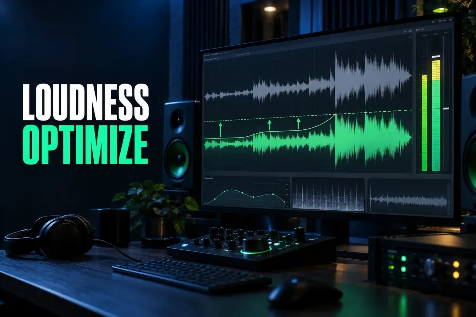 Loudness Optimize title beside a studio monitor where quiet passages are lifted toward a dashed gate line next to tall loudness meters, with speakers and a controller