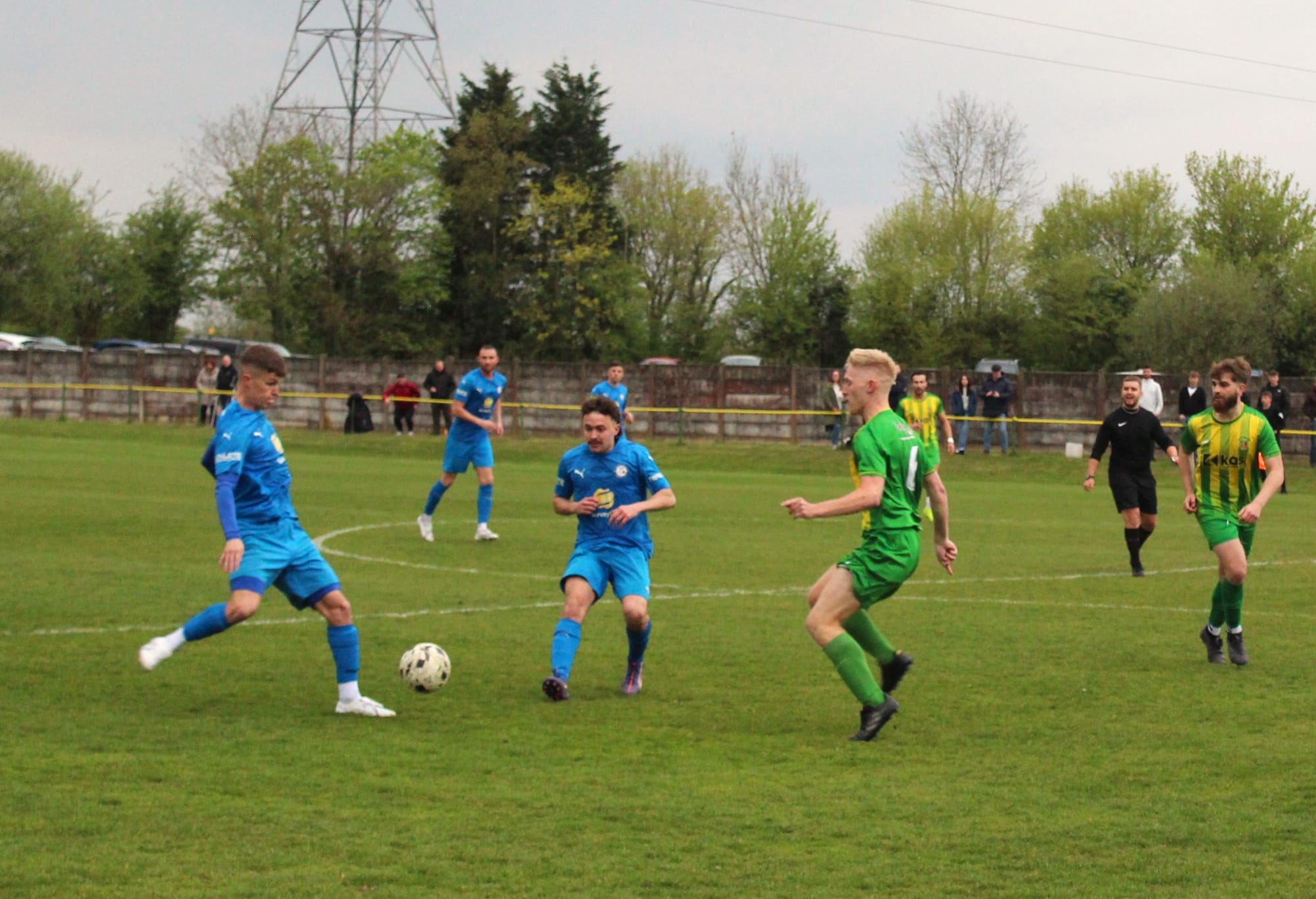 Daisy's Jacob Ridings (left)&nbsp;and Alex Dodd are challenged by&nbsp;Atherton Town's Kieran Morris