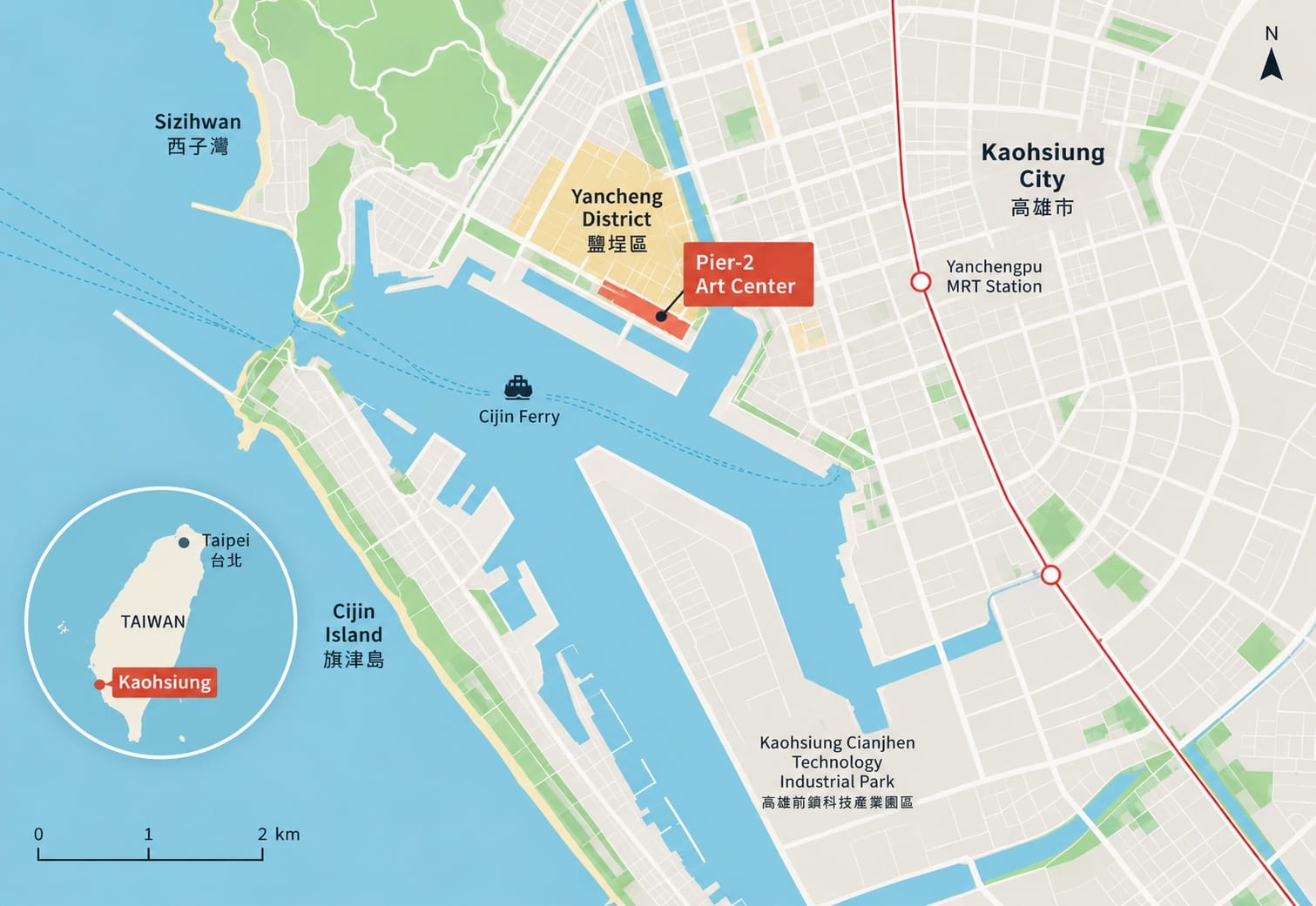 Pier-2 Art Center occupies a position on the harbour front in Kaohsiung