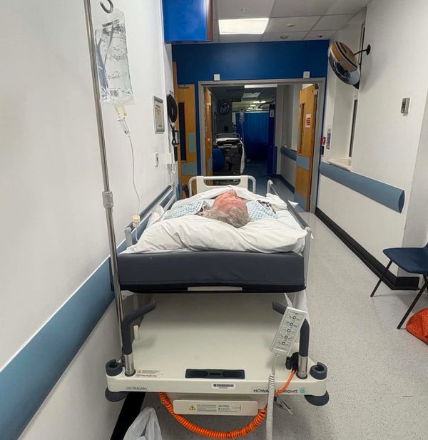Karen’s 82-year-old mum receiving care in an A&E corridor, an experience Karen documented in her video diary.