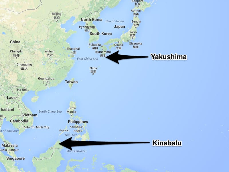 A map showing Kinabalu and Yakushima