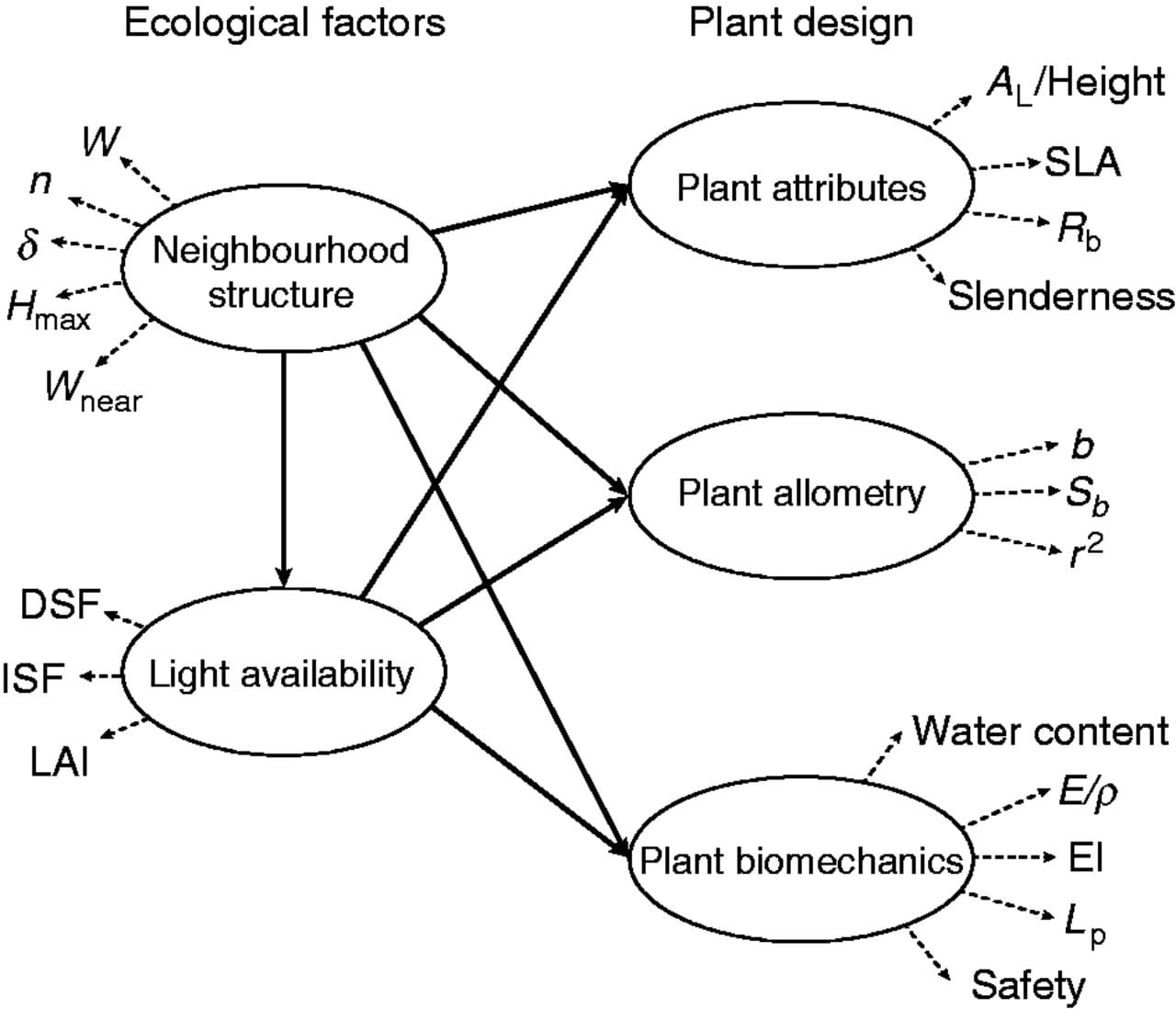 Partial least squares path model to test the effect of ecological factors on plant design. Solid and dashed lines represent the inner and outer model, respectively.