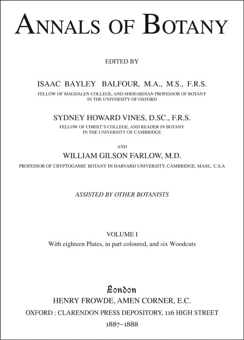 Première de couverture du premier numéro du Annals of Botany, Août 1887.
