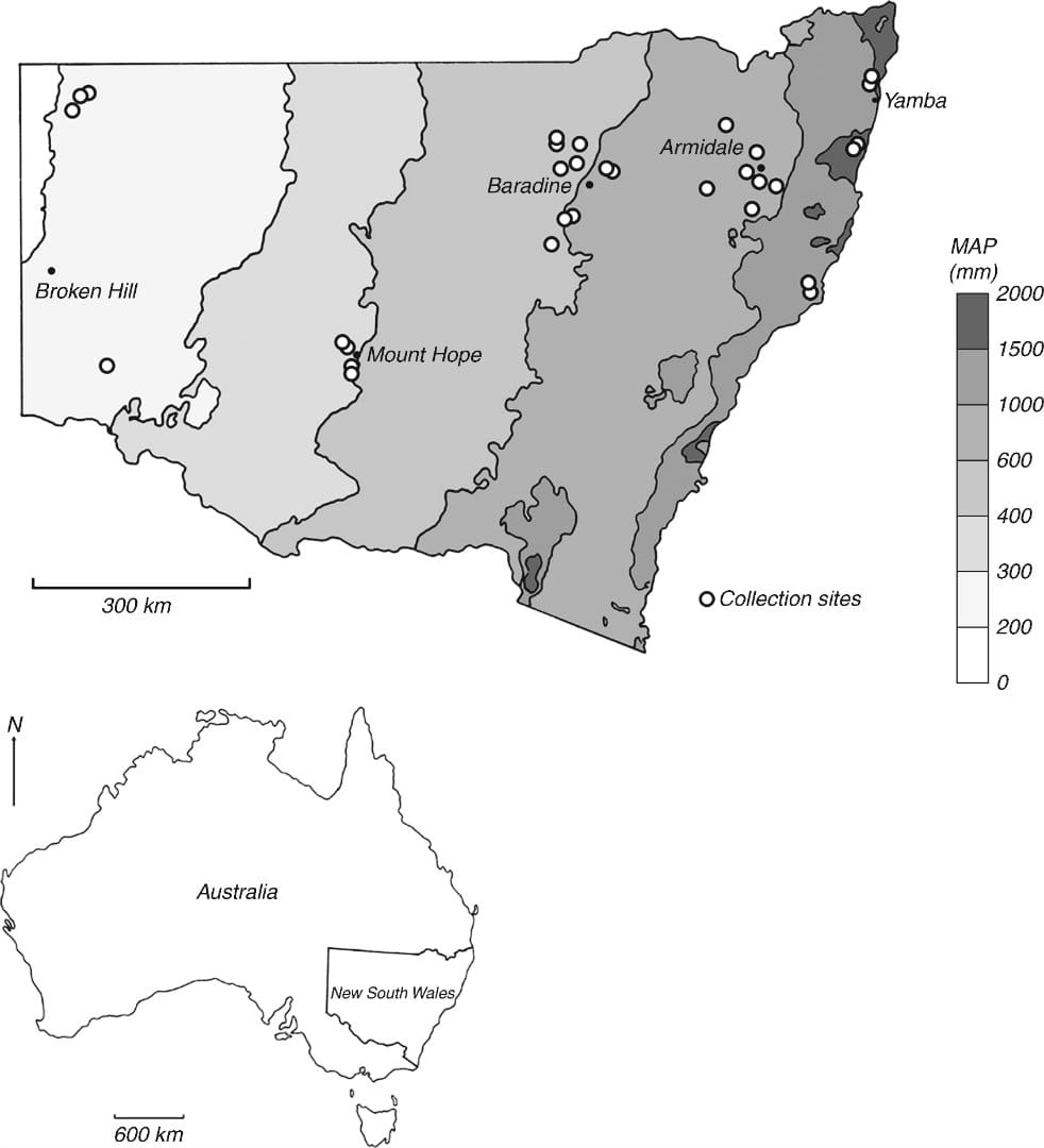 Mean annual precipitation (MAP) (mm) map of New South Wales, Australia with collection sites (open circles) (modified from Bureau of Meteorology, Australia, 2011).