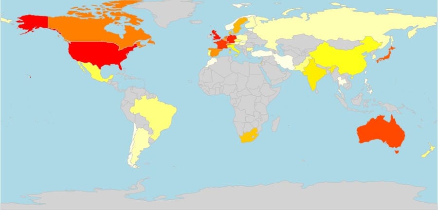 Global distribution of contemporary Citation Classics in Plant Sciences.