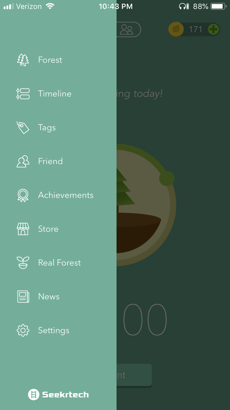 Une liste d'options dans le menu de Forest App