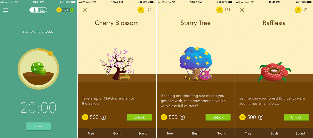 Illustrations numériques d'un buisson, d'un cerisier, d'un « arbre étoilé » et d'une rafflesia.