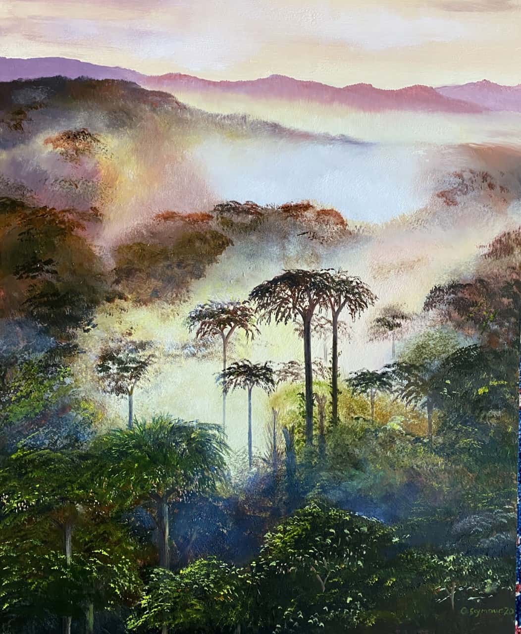 This could almost be a painting of a modern rain forest, but the trees look odd. Looking closer, they ave no branches, but instead stand straight up till they crown with many leaves from the top of the stem.