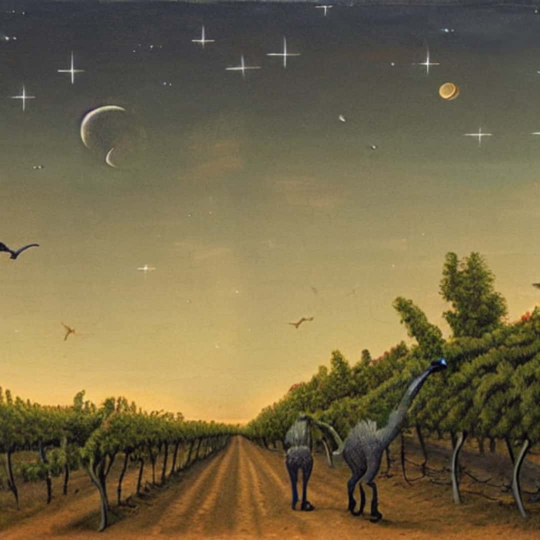 Two dinosaurs walk along a dirt road through a vineyard, beneath a starry sky.