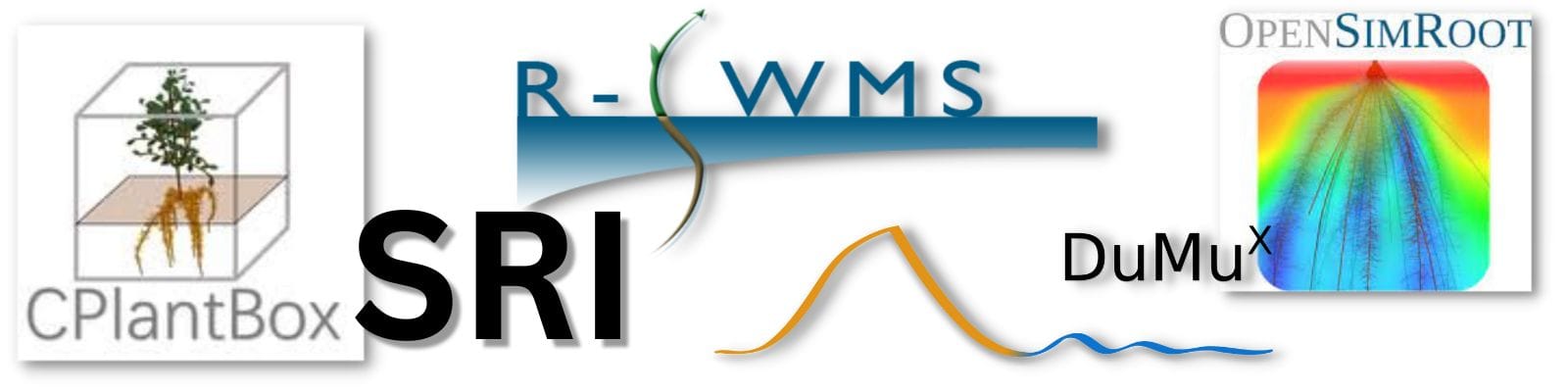 Logotipos para CPlantBox, R-SWMS, DuMux y OpenSimRoot, y el texto "SRI"