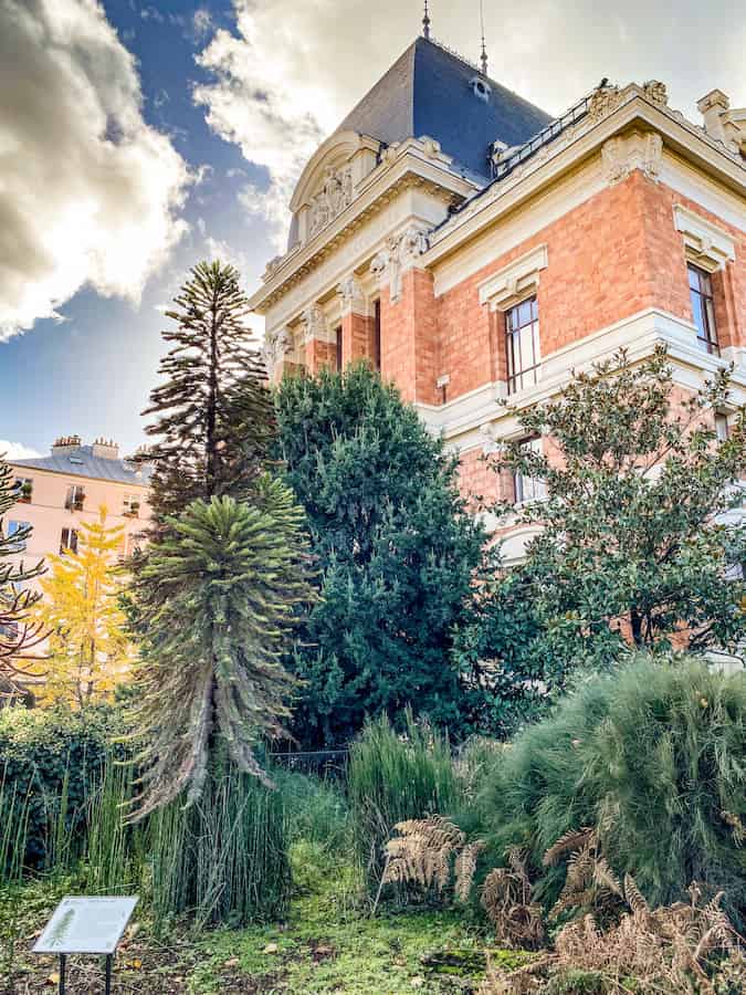 Lush vegetation outside a brick building.