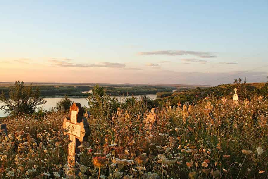 Las lápidas están casi enterradas entre las flores silvestres cerca de Cernavodă, Rumania.