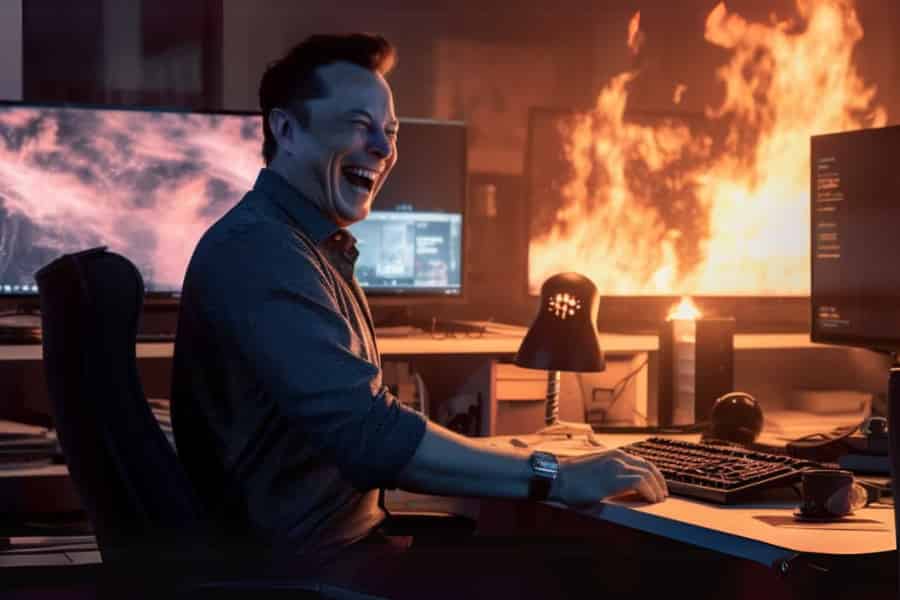 An AI image of an Elon Musk laughing with delight in an office as it burns.