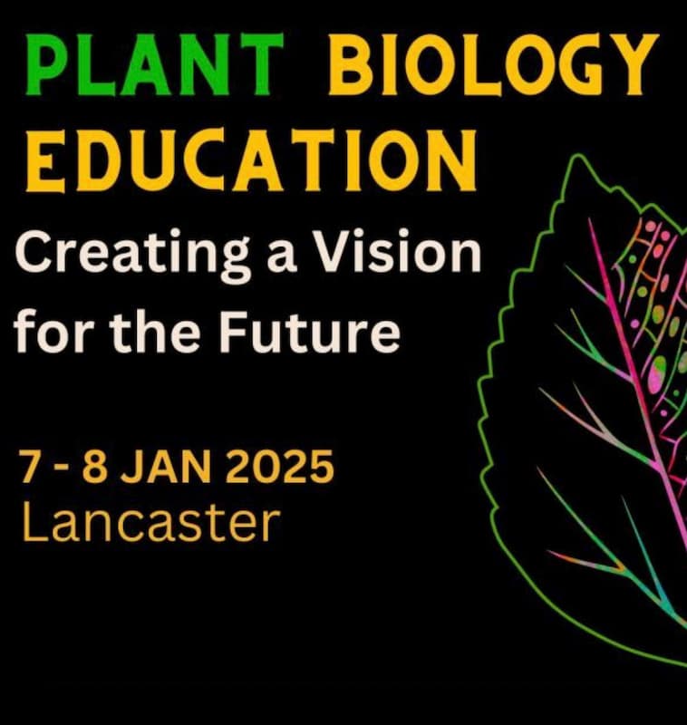 A poster for Plant Biology Education: Creating a Vision for the Future. The lettering is bold in green, gold and off-white, with a neon green to magenta line drawing of a leaf at the side.