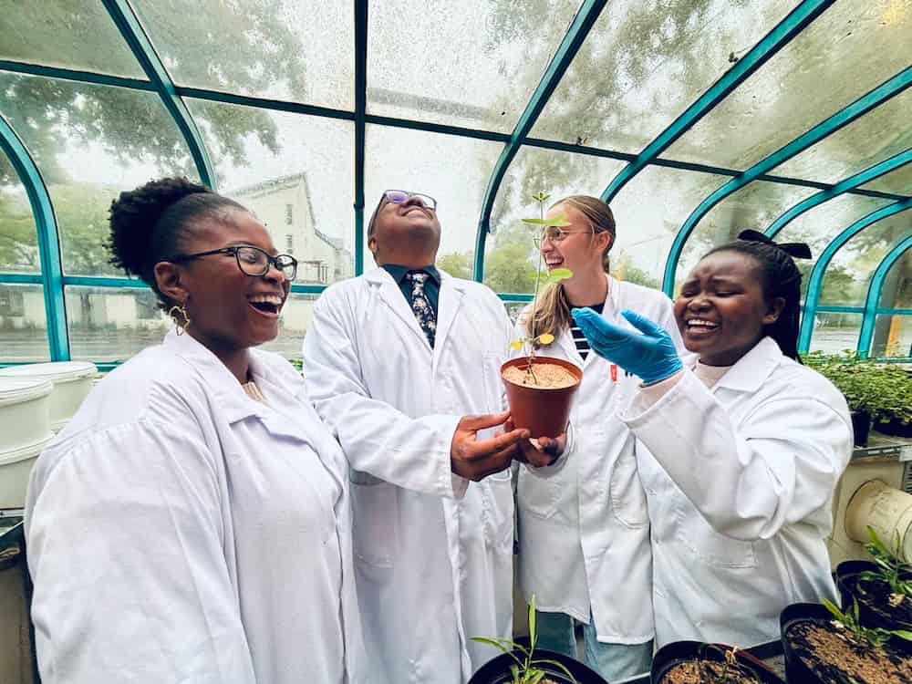 Dr. Itumeleng Moroenyane and three female students celebrate in a greenhouse, all wearing white lab coats and laughing joyfully. One student wearing blue gloves holds a small potted plant while the group gathers around it. The scene takes place under the curved glass roof of a greenhouse with young plants visible on tables in the background.