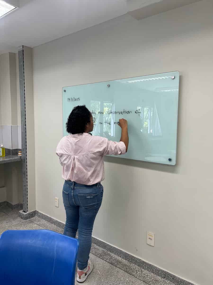 Gláucia Silva writing on a whiteboard during a class.