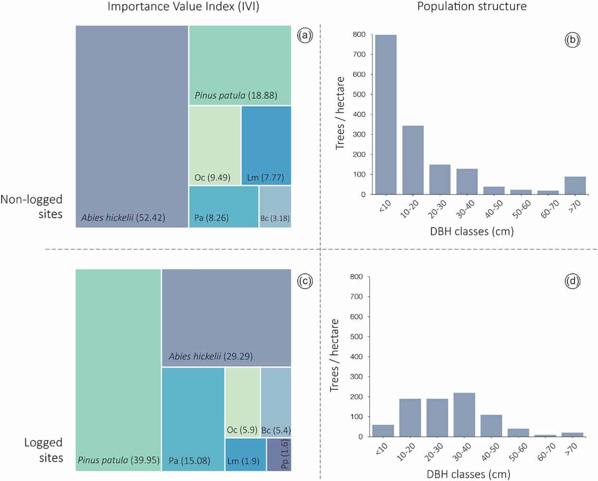 A chart, showing healthy species distribution and healthy demographics at the top, and logged distribution and demographics below.
