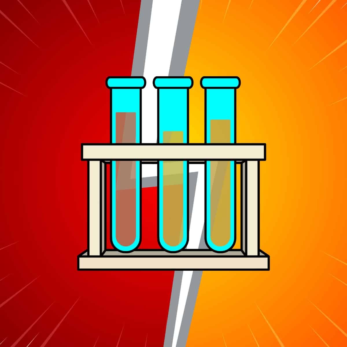 Reagenzgläser, die die Wissenschaft symbolisieren, vor einem dynamischen roten und orangen Hintergrund – denn obwohl ich keinen Hintergrund zum Thema Omics finden kann, kann ich einen Hintergrund zum Thema Comics finden.