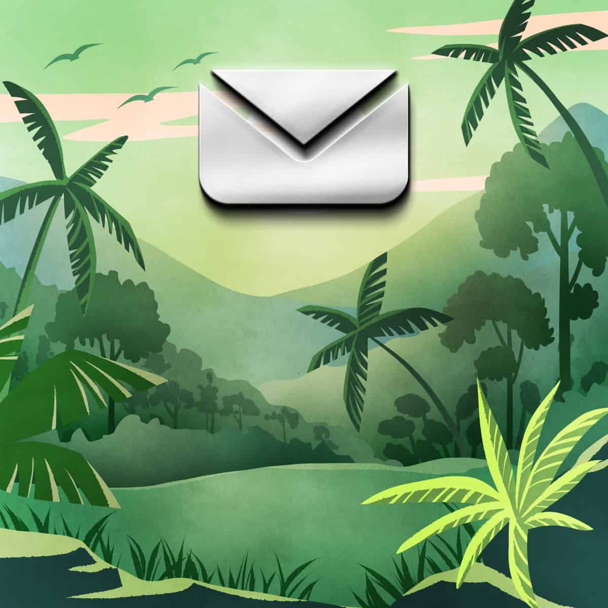An email floating over a stylised tropical forest.