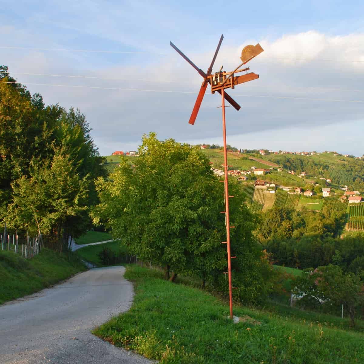 Something that looks like a cross between a windmill and a weathervane on a thin pole.