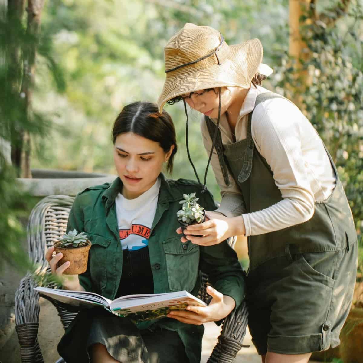 Two women gardening and looking fascinated